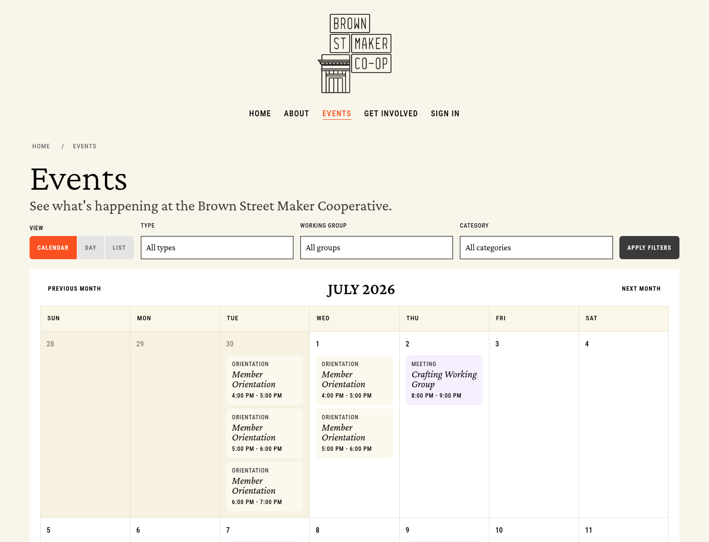 Public events directory in Brownie at desktop width