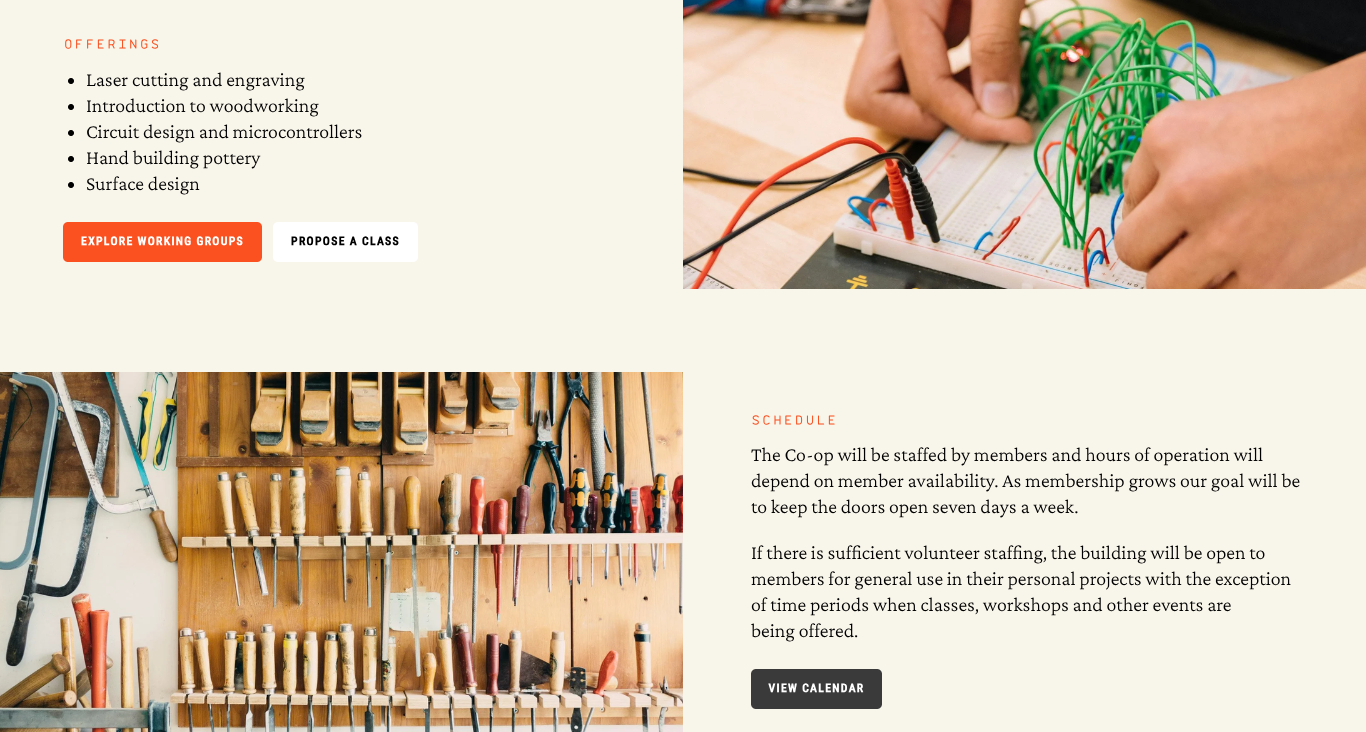 Brown Street Maker Cooperative offerings and schedule content