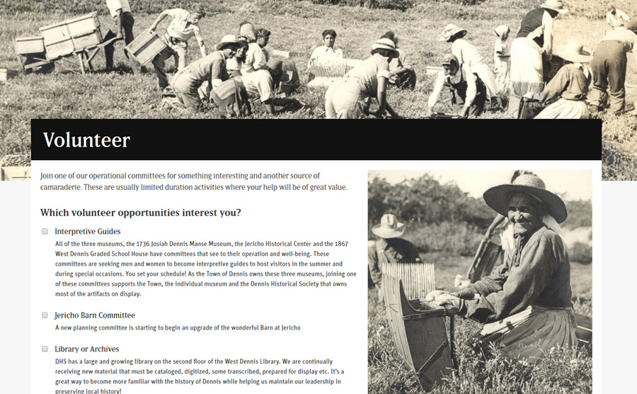 Volunteer page on the redesigned Dennis Historical Society site