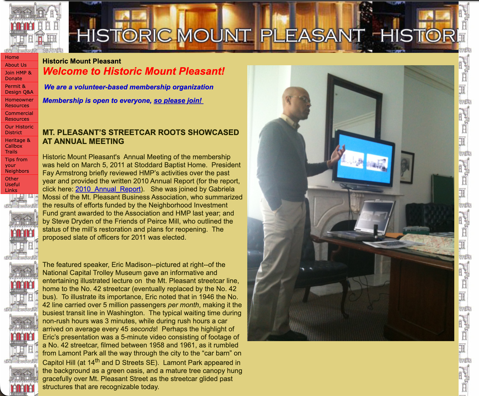 Previous Historic Mount Pleasant homepage with a tiled rowhouse background, red navigation and a dense two-column layout