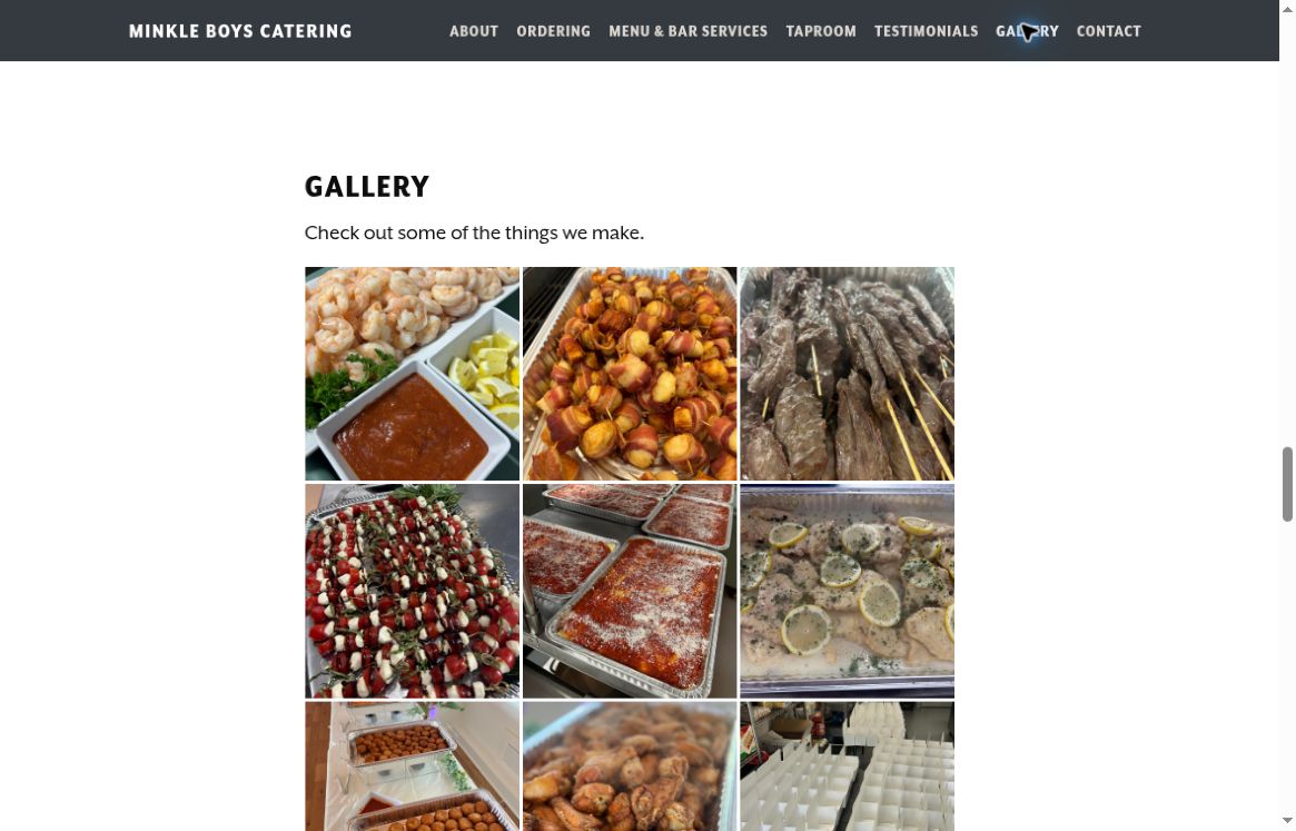 Minkle Boys Catering food gallery showing prepared appetizers, skewers and catering trays