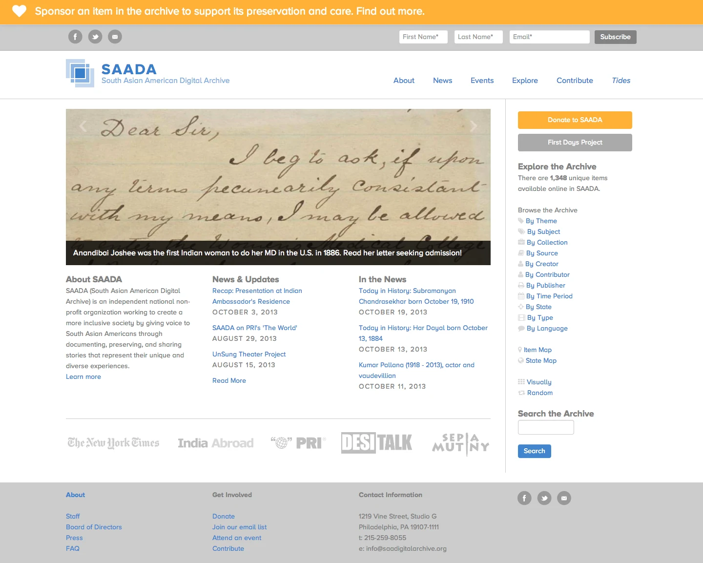 Redesigned SAADA homepage, November 2013