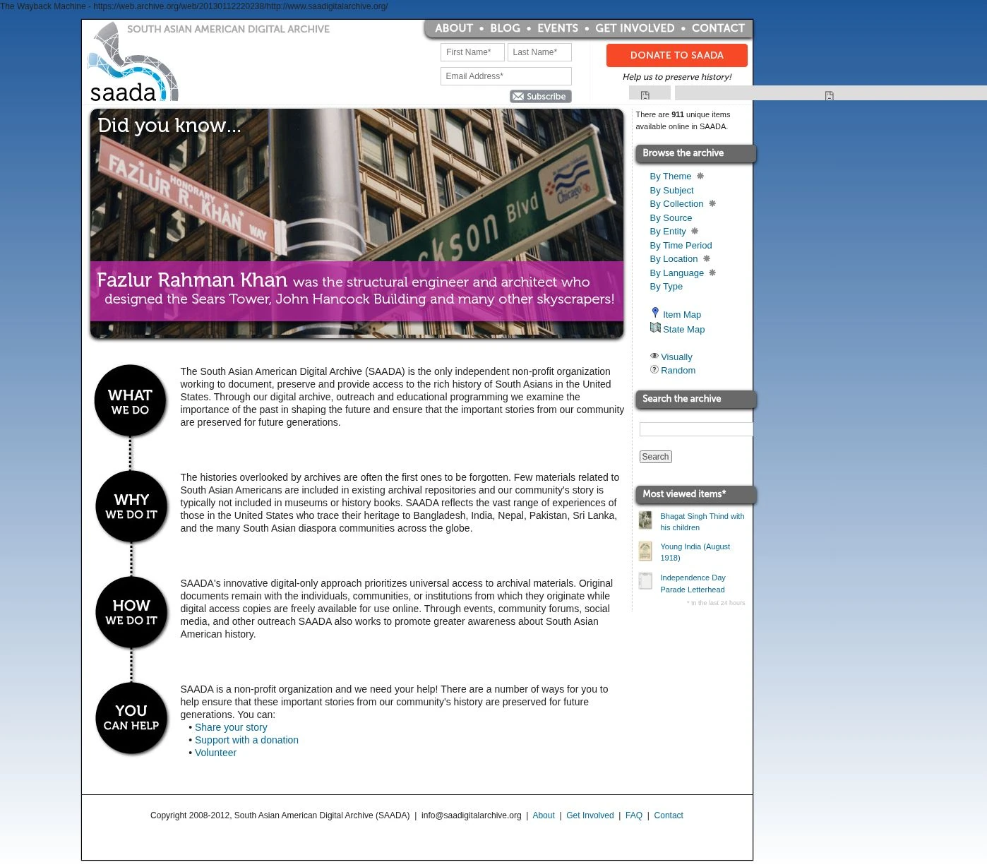 January 2013 SAADA homepage with the previous identity, a large photographic banner and stacked mission statements