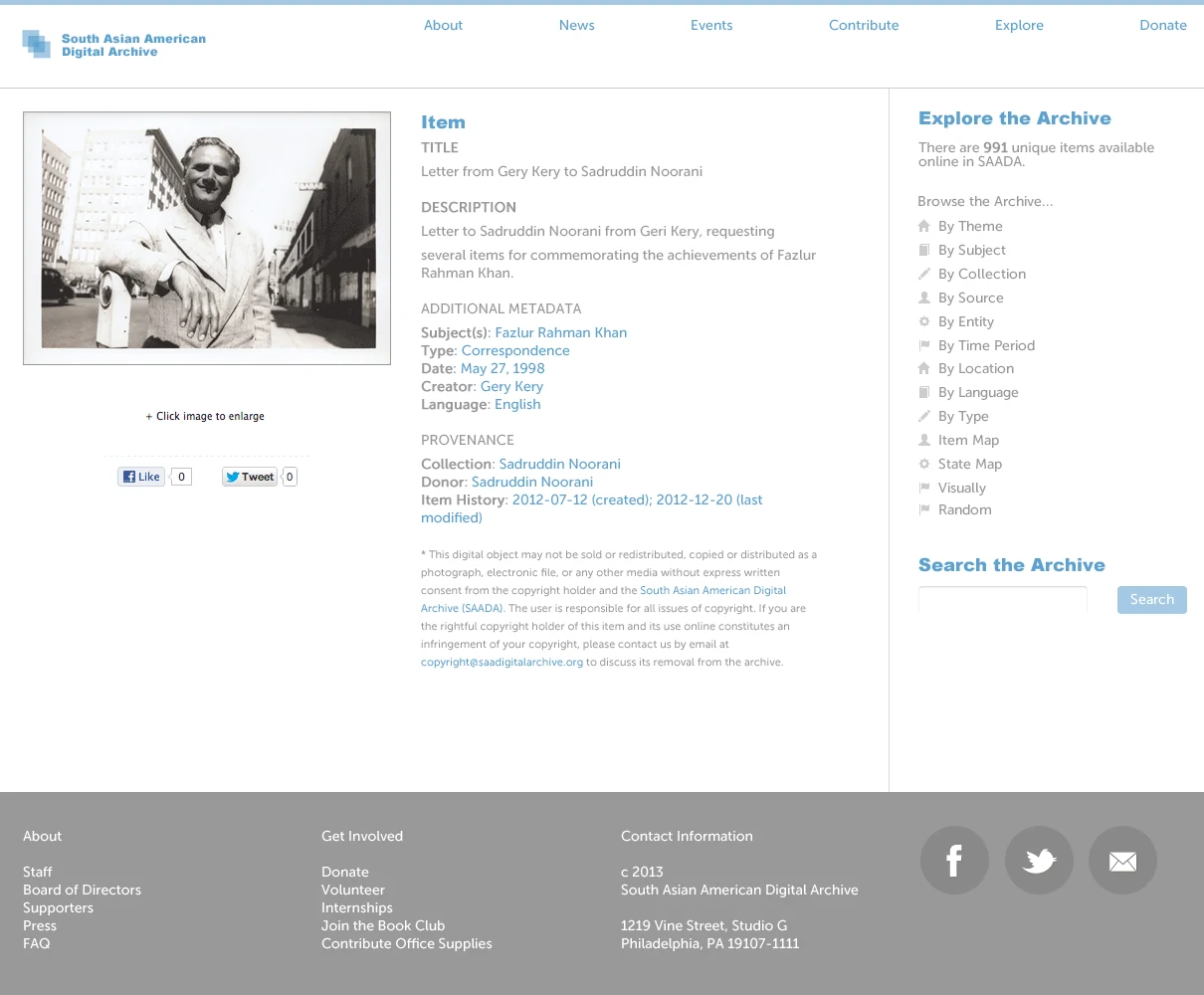 SAADA item-detail mockup placing the archival image beside descriptive metadata and search and browse controls